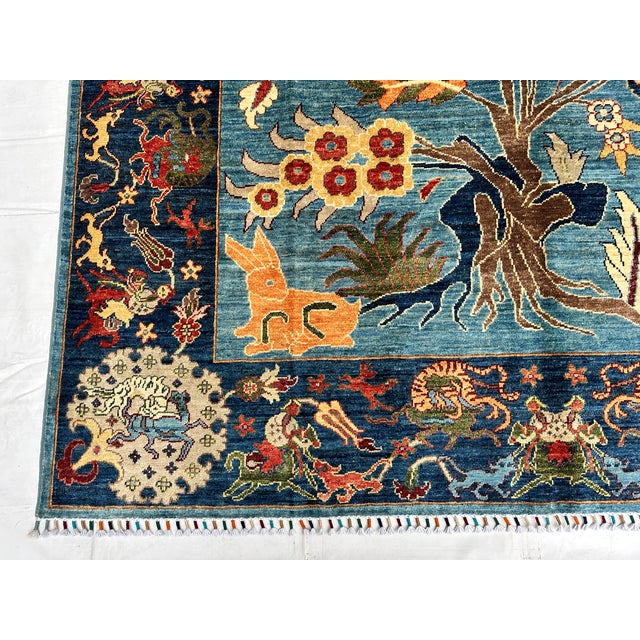 Blue Afghan Pictorial Tree of Life Hand-Knotted Wool Rug - 9'9" X 6'7" For Sale - Image 13 of 17