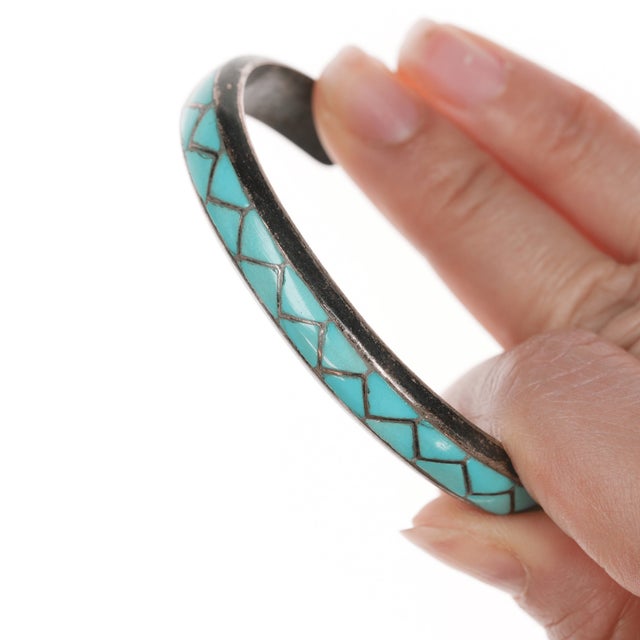 Contemporary 6.5" 1970's MKL Zuni Sterling and turquoise channel inlay cuff bracelet For Sale - Image 3 of 10