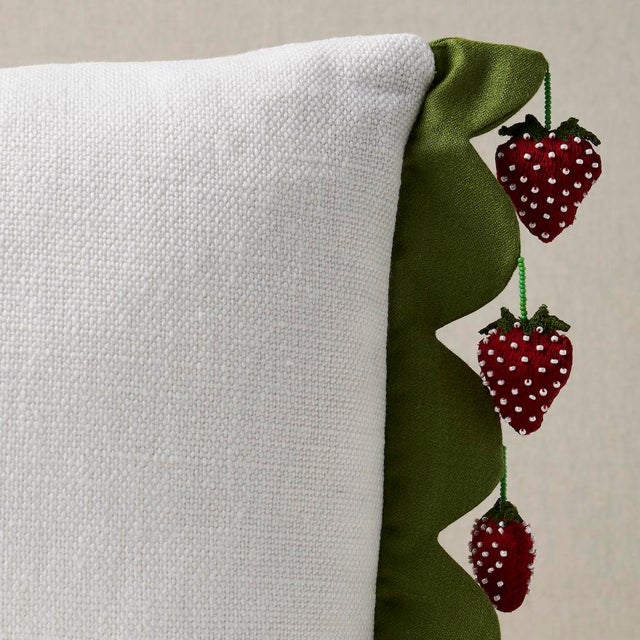 This pillow features Strawberry Jam Trim by Johnson Hartig for Schumacher with a knife edge finish on top and bottom....
