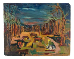 Sirio Pellegrini, Grazing Animals in Manziana, Oil Painting, 1969