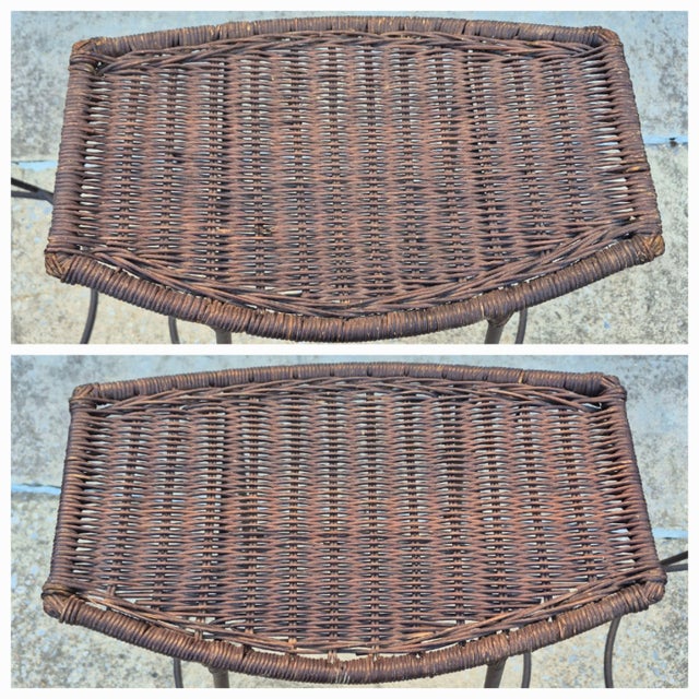 Mid-Century Modern Mid Century Modern Woven Wicker Rattan & Black Iron Bar Stools - A Pair For Sale - Image 3 of 6