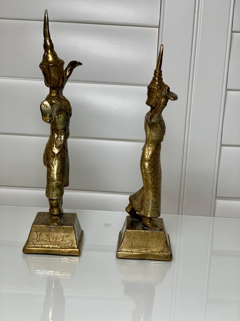 Pair of Vintage Brass Thai Dancer Statues – Male & Female 