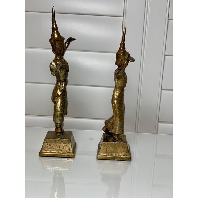 Mid-Century Modern Pair of Vintage Brass Thai Dancer Statues – Male & Female, Southeast Asian For Sale - Image 3 of 5