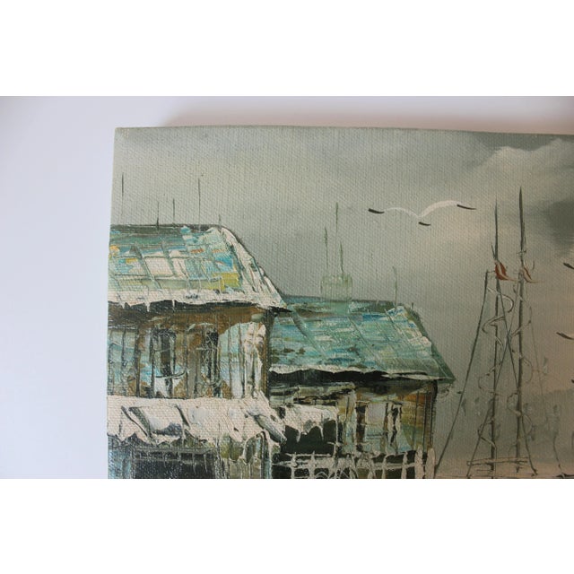 Signed Vintage Oil Painting on Stretched Canvas Boats Harbour Marina For Sale - Image 6 of 9