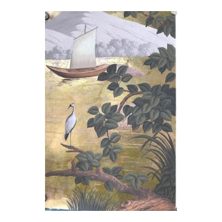 Handcrafted Gold Leaf Scenic Wallpaper Mural With Crane, Boat & Botanical Landscape For Sale