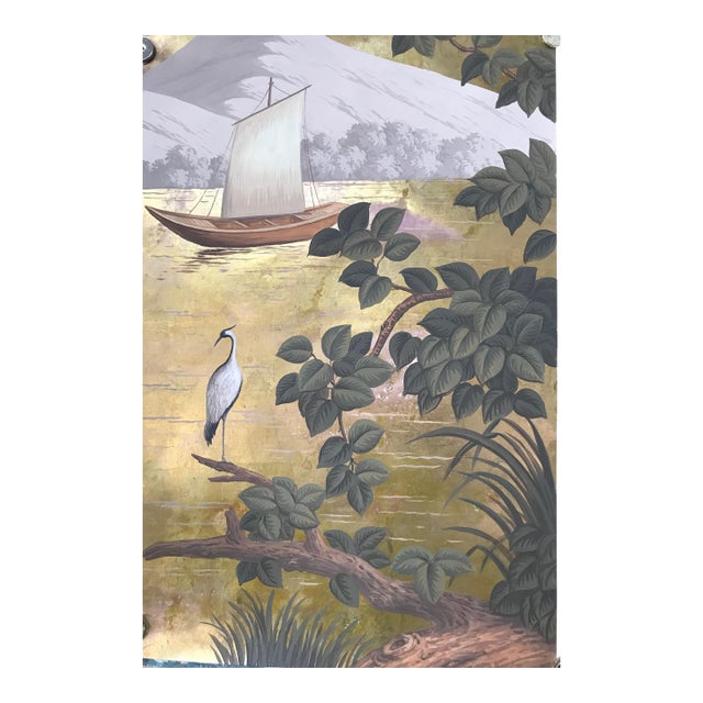 Handcrafted Gold Leaf Scenic Wallpaper Mural With Crane, Boat & Botanical Landscape For Sale