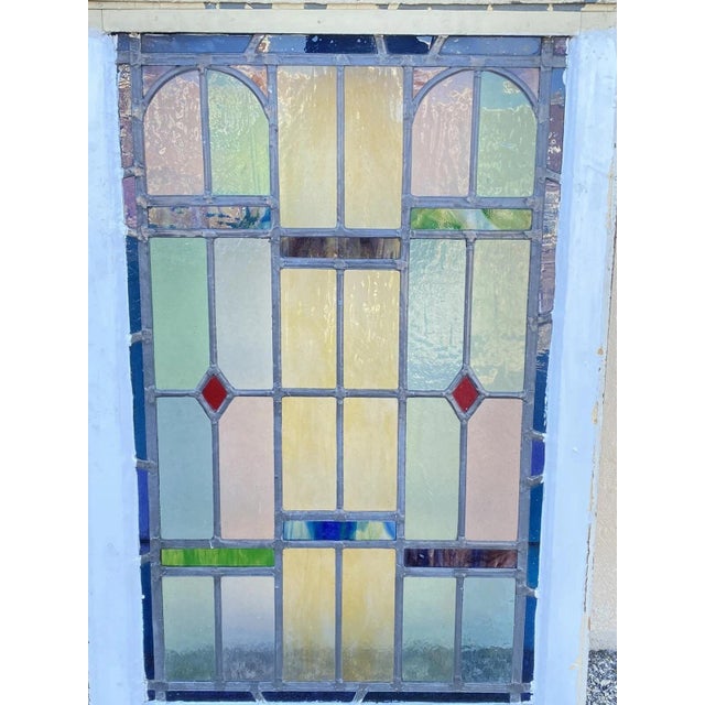 Wood Antique Art Deco Leaded Stained Glass Pink Green Blue Yellow Windows - A Pair For Sale - Image 7 of 12