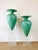 Vintage 1980s Pair of Oversized Floor Vase on Lucite base huge & oversized jade green colors made of a fiberglass type...