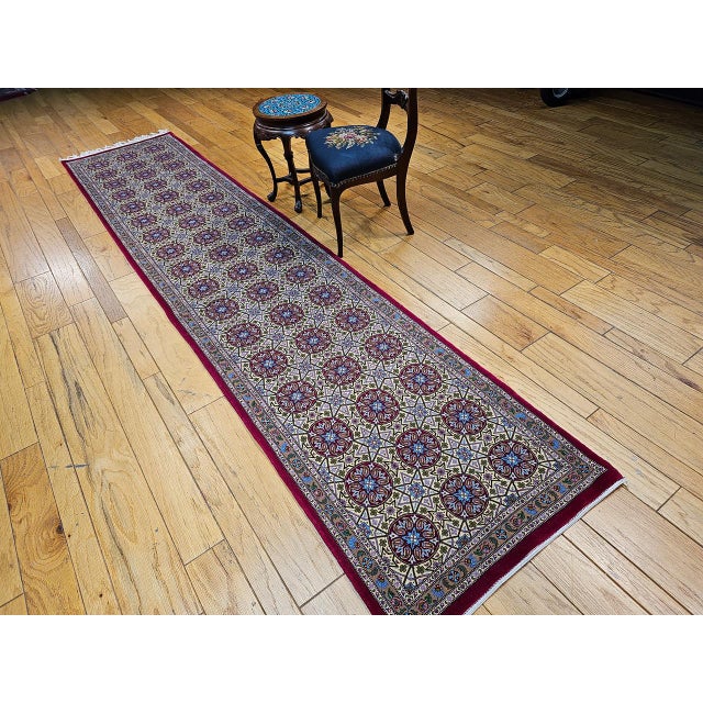 Vintage Persian Qum Runner Rug, Hand-Knotted Wool, Allover Geometric Pattern, 3x13, Tan & Red For Sale - Image 14 of 14