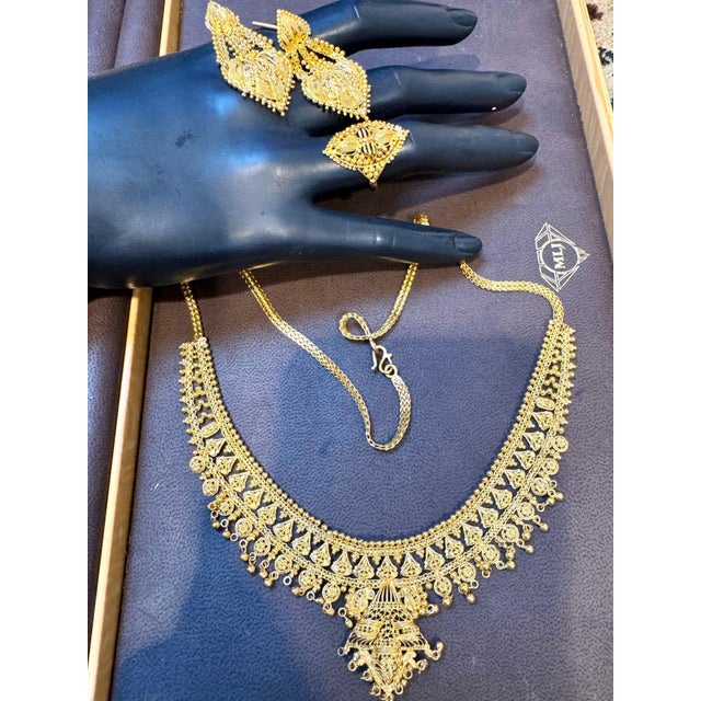 54Gm 22 Karat Gold Necklace, Earring & Ring Suite Bridal Princess Necklace Suite For Sale - Image 13 of 18