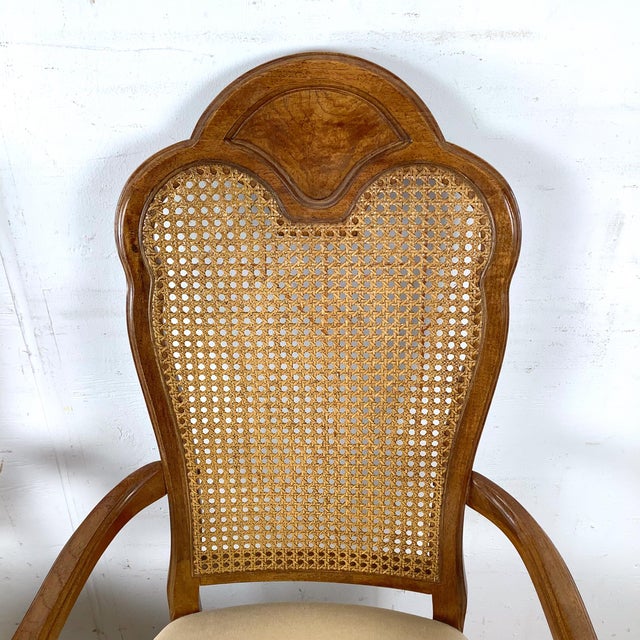 Wood Pair of Vintage Provincial Walnut & Cane High-Back Armchairs With Burlwood Crest For Sale - Image 7 of 18