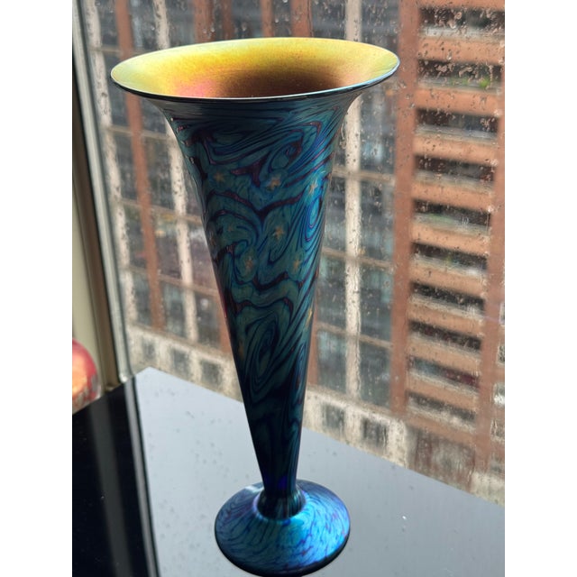 Lundberg Studios Art Glass Trumpet Vase — Blue Iridescent Swirl, 2000 For Sale In New York - Image 6 of 6