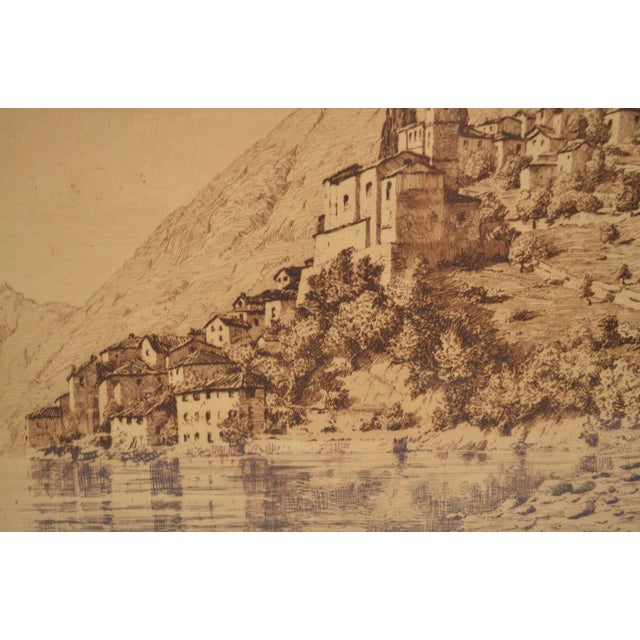 Paper Early 20th Century French School Ink Drawing Representing an Ancient Village on the Edge of a Lake For Sale - Image 7 of 8