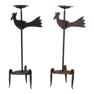 1950s Pair of French Iron Rooster Candlesticks For Sale