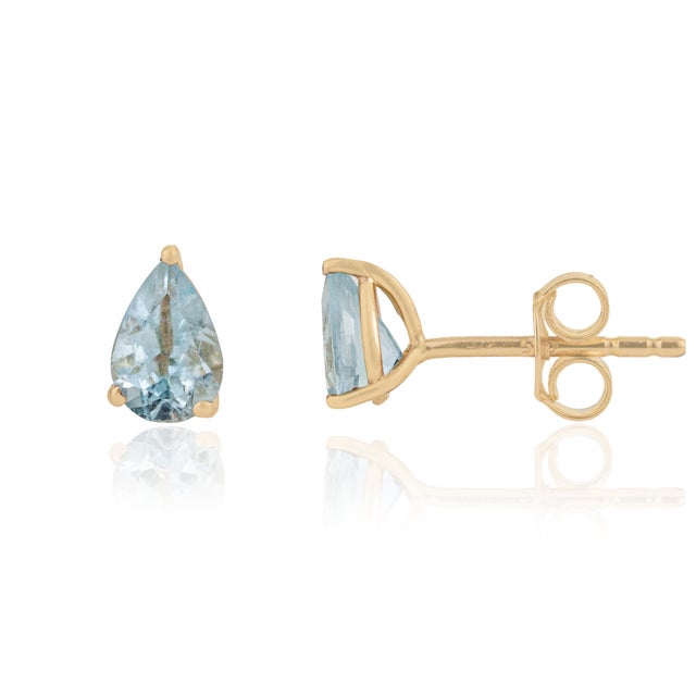 VR Jewels Minimal Pear Cut Natural Aquamarine Solitaire Stud Earrings in 14k Gold- A Pair For Sale - Image 4 of 16