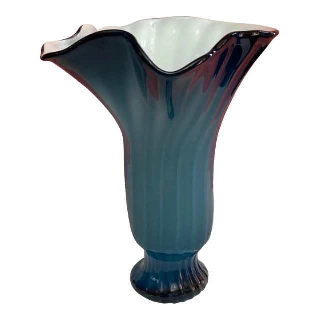 Art Glass Bluish Teal Handkerchief Vase For Sale