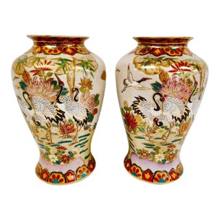 Large Chinoiserie Vases With Cranes and Flowers - A Pair For Sale
