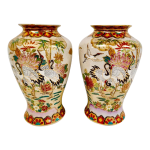 Large Chinoiserie Vases With Cranes and Flowers - A Pair