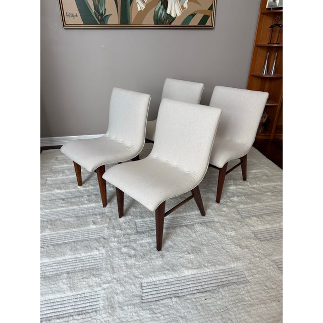 Mid-Century Modern Set of Four Vintage 1950s Walnut and Linen Dining Chairs After Conant Ball For Sale - Image 3 of 13