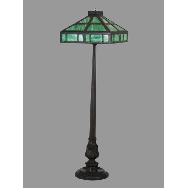 Green Early 20th Century Mission Arts & Crafts Style Metal Framed Slag Glass Floor Lamp Carved Wood Base For Sale - Image 8 of 10