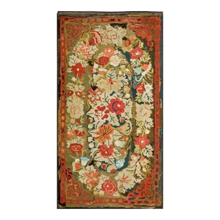 1890s Brown Floral Folk Art Antique American Hooked Rug 3'0" X 5'2" Handknotted Wool Carpet For Sale