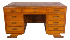 Large Vintage Wooden Desk with Double Drawer Unit and Shaped Legs
