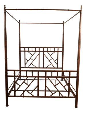 Vintage Faux Bamboo Queen Canopy Bed Frame in Chippendale Boho Chic Coastal Style