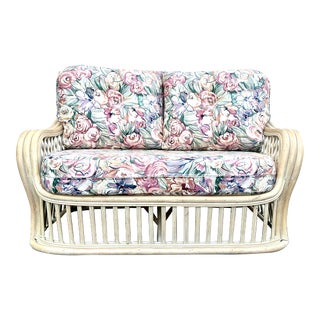 1980s Coastal Cerused Bent Bamboo & Rattan Settee, Custom Floral Cushions For Sale