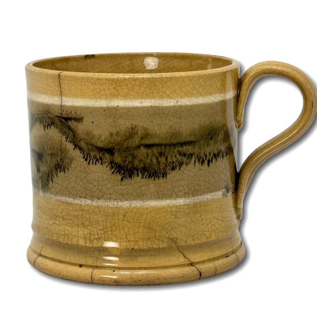 Rare Full Size Antique English Black Seaweed Decorated Yellow Mocha Ware Mug - Circa Mid 1800s For Sale - Image 4 of 12