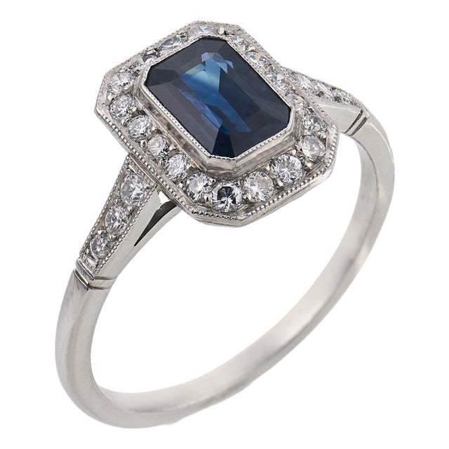 Vintage Sapphire Diamond Platinum Ring, Size 7 For Sale