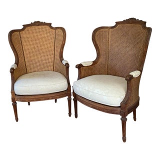 Late 19th Century Antique Pair of Louis XVI Double Caned Wing Chairs For Sale