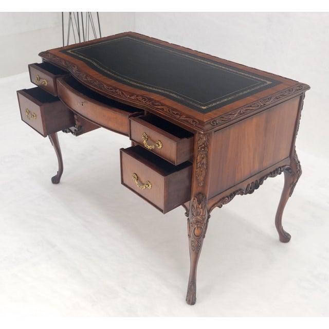 Carved Mahogany Embossed Black Leather Top Petit Compact 5 Drawers Desk MINT