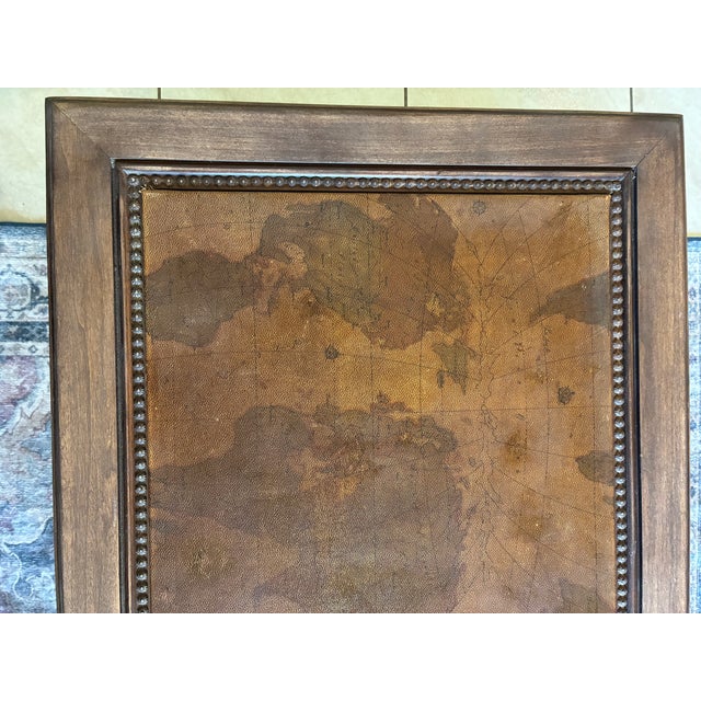 Sienna 1970s Leather Top Coffee Table With World Map Motif and Carved Legs For Sale - Image 8 of 11