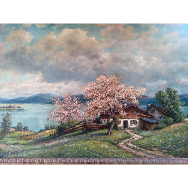 1950s Original Alpine Landscape Oil Painting by Alexander Reinhardt – Spring Blossom at the Lakeshore For Sale - Image 4 of 5