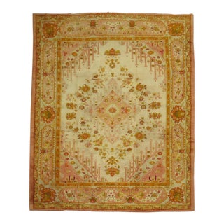 Ivory and Pink Antique Turkish Oushak Rug - 10'3" x 13'4" For Sale