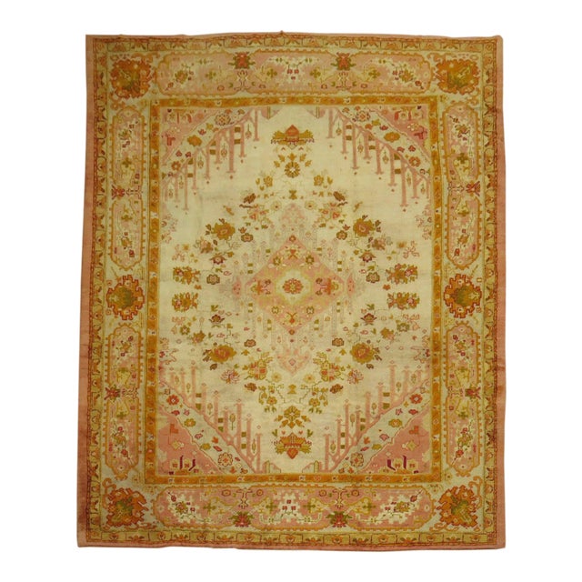 Ivory and Pink Antique Turkish Oushak Rug - 10'3" x 13'4" For Sale