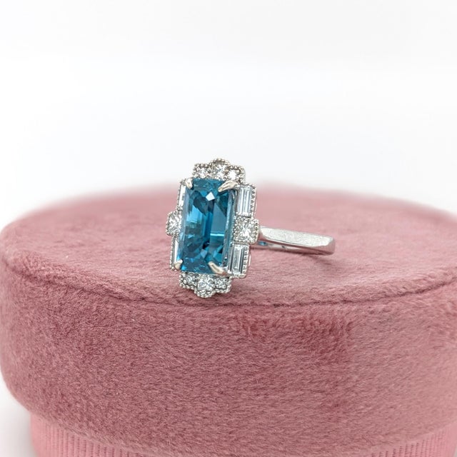 4.7ct Blue Zircon Ring with Earth Mined Diamonds in Solid 14k White Gold Emerald Cut Size 6.75 For Sale - Image 4 of 8