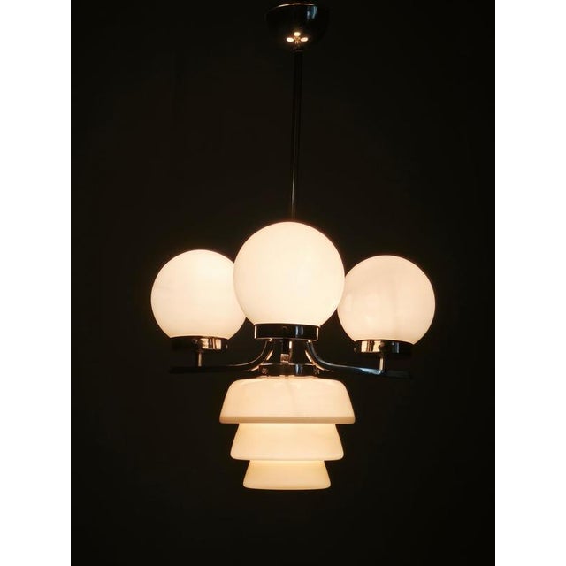 Metal Art Deco Cream Glass and Chrome Chandelier, Czechoslovakia, 1930s For Sale - Image 7 of 12