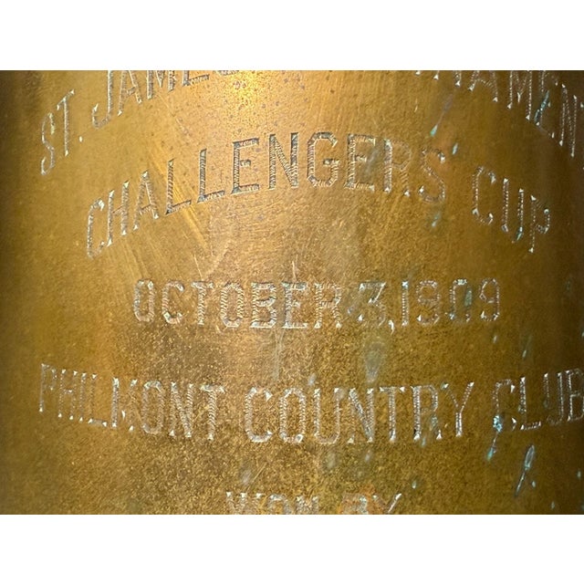 Art Deco Antique 1909 Hand Engraved Bronze Pewter Golf Country Club 3 Handle Trophy Urn For Sale - Image 3 of 9