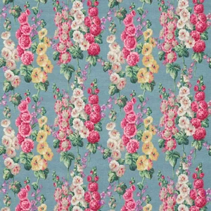 Sanderson Hollyhocks Fabric in Petrol Blue/Multi