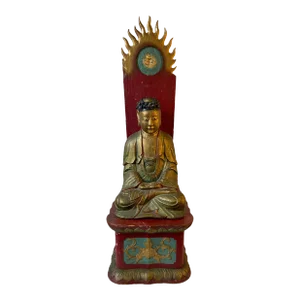 Early 20th Century Carved Wood Red and Gold Lacquer Tibetan Buddha on Shrine