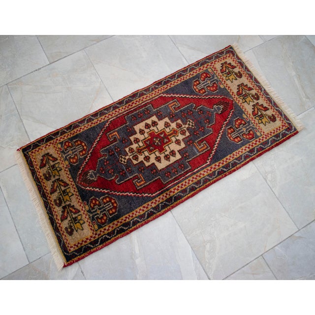 1960s Vintage Hand Knotted Small Rug, Kitchen, Bath Entry Decor Turkish Rug 2x4 Ft Approx For Sale - Image 12 of 13