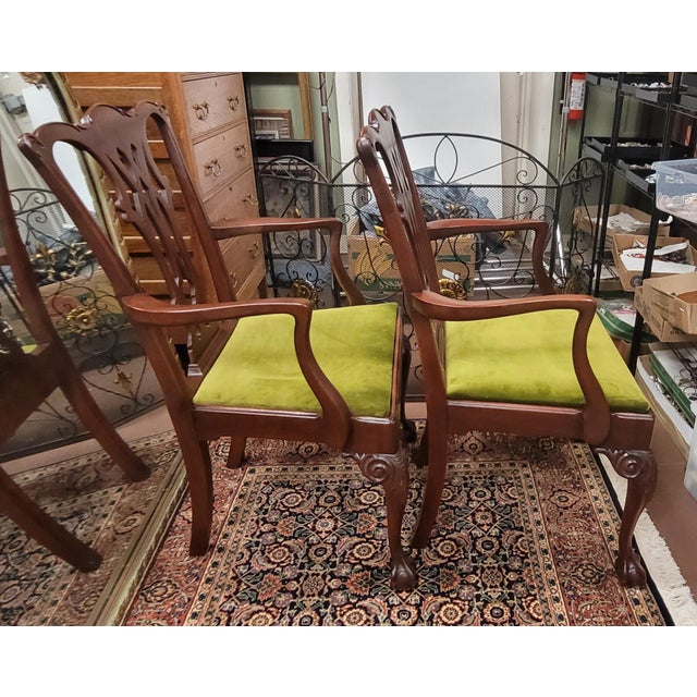 1940s Pair Fine Vintage 1940s Chippendale Arm Chairs in Velvet For Sale - Image 5 of 9