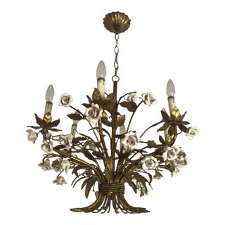 1920s Gold Gilt Chandelier With Pink Porcelain Roses For Sale