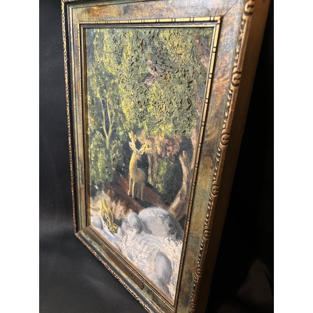 1950s Mid-Century Modern Rustic Deer Woodland Oil Painting With Heavy Impasto – Signed & Framed For Sale - Image 9 of 12