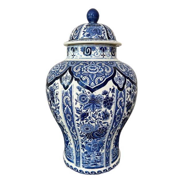 Vintage Large Delft Ginger Jar Vase Blue & White Floral Royal Sphinx Lidded Urn For Sale