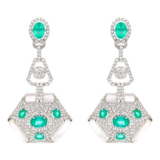 4.3 Carat Emerald & 2.91 Ct Diamond With MOP Hanging Earrings 18 Kt White Gold For Sale