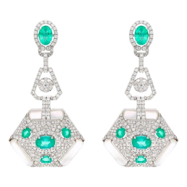 4.3 Carat Emerald & 2.91 Ct Diamond With MOP Hanging Earrings 18 Kt White Gold For Sale
