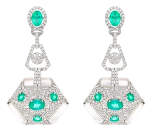 4.3 Carat Emerald & 2.91 Ct Diamond With MOP Hanging Earrings 18 Kt White Gold