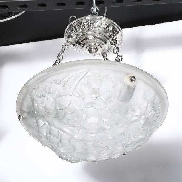 Art Deco Frosted Glass Floral Cubist Chandelier W/ Chrome Fittings Signed Degué For Sale - Image 11 of 18
